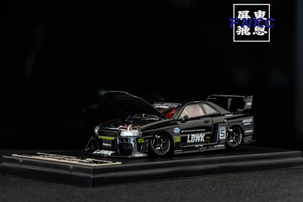 《車友代標》SW 1/64 Nissan GTR LBWK R34 黑白色 引擎蓋可開