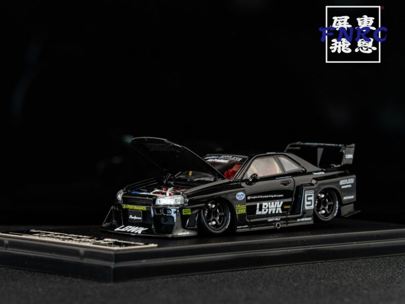 《車友代標》SW 1/64 Nissan GTR LBWK R34 黑白色 引擎蓋可開