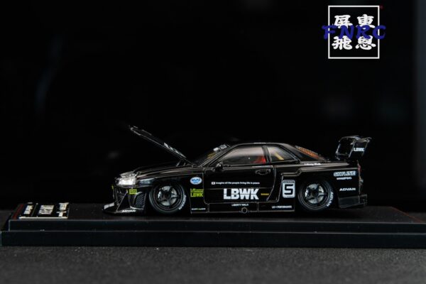 《車友代標》SW 1/64 Nissan GTR LBWK R34 黑白色 引擎蓋可開