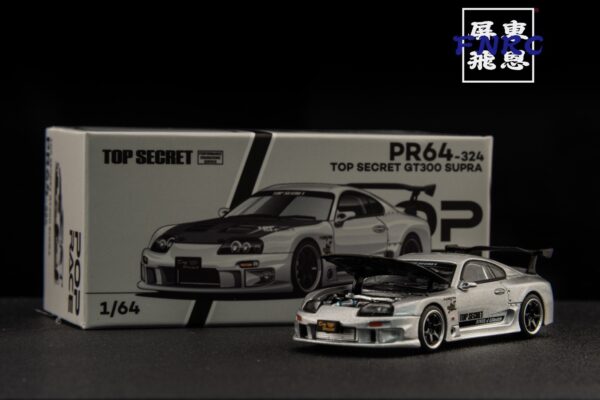 POPRACE 1/64 Toyota TopSecret A80 Supra GT300 銀色 引擎蓋可開