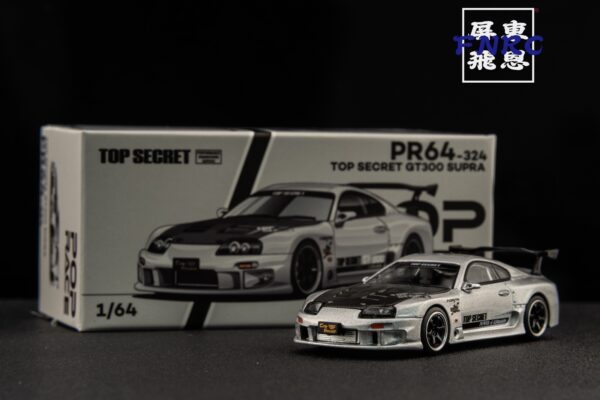 POPRACE 1/64 Toyota TopSecret A80 Supra GT300 銀色 引擎蓋可開